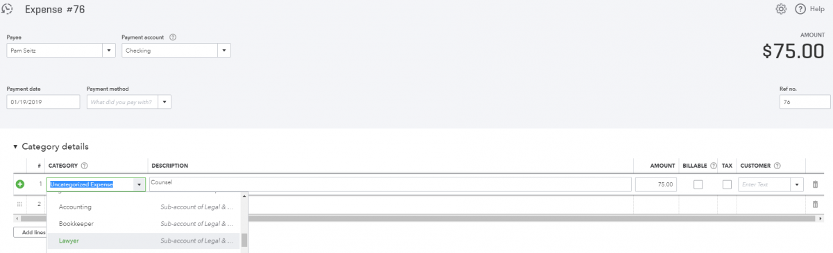 uncategorized expense in quickbooks