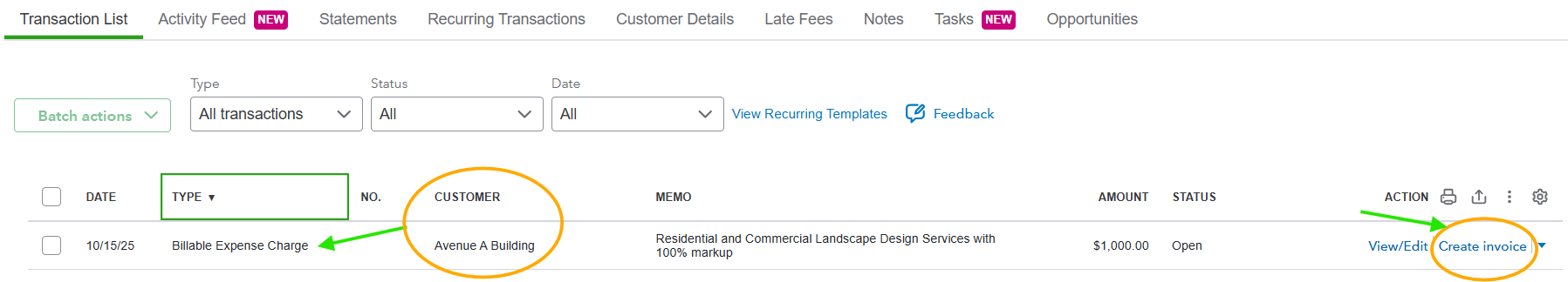 Create Invoice with Billable Expense in Customer Transaction List