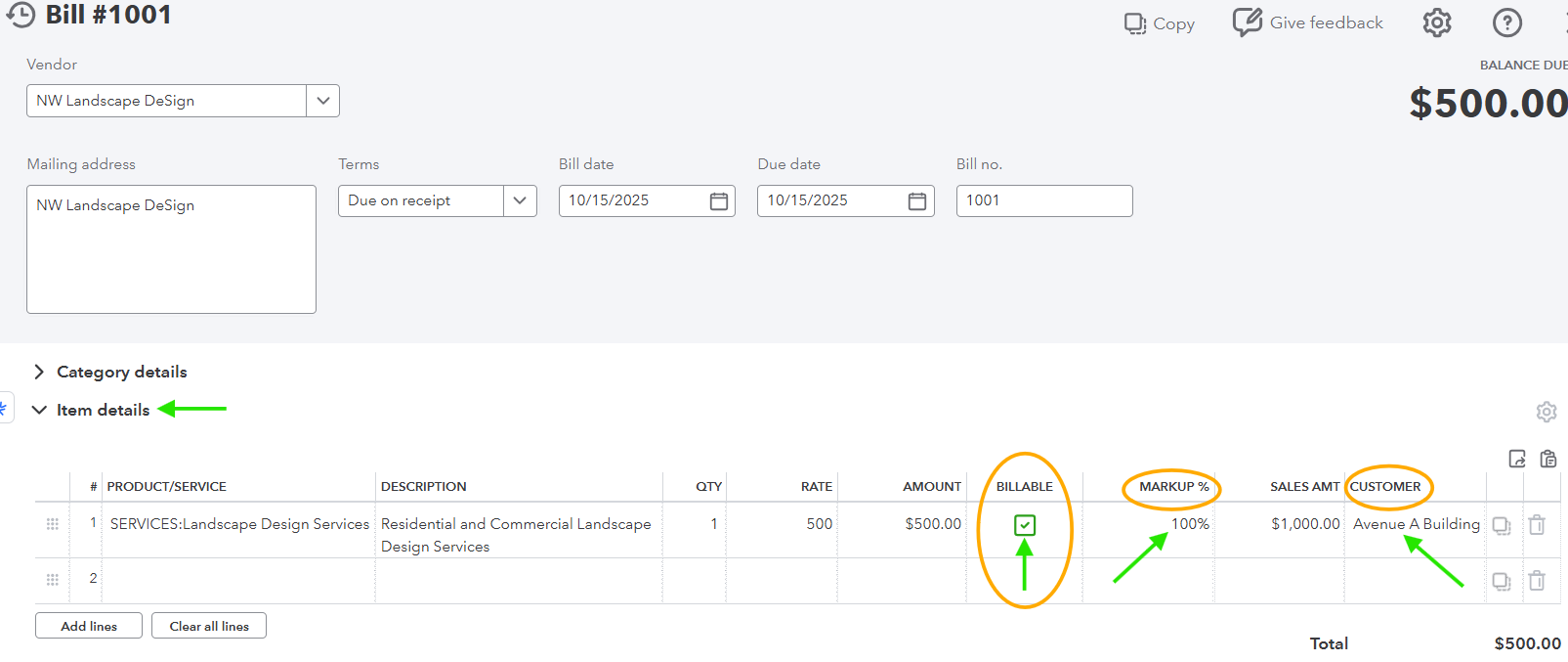 Entering Vendor Bill with Customer and Markup Percentage