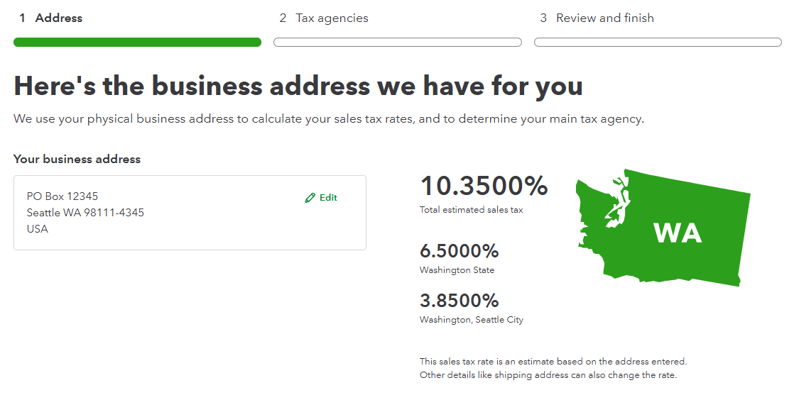 Step One to Enter Business Address for Sales Tax Setup