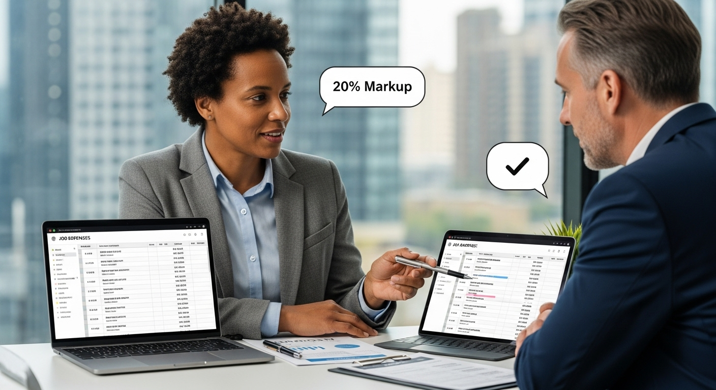 Woman and Man Discussing Markup Percentage on Materials for Customer Job