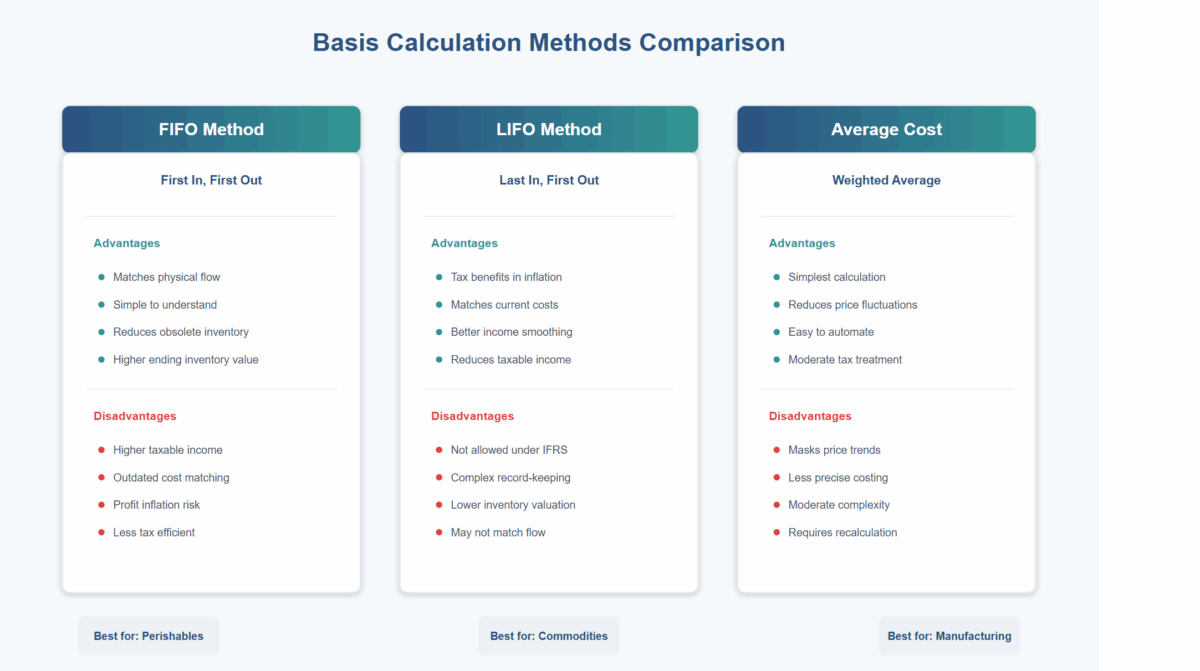 A comparison table graphic showing different basis calculation methods