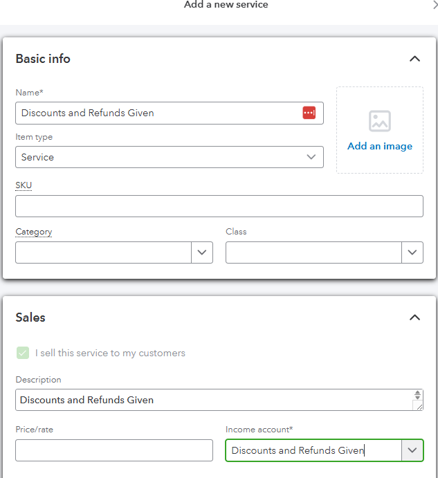 Add Product Service Item for Discounts and Refunds Given