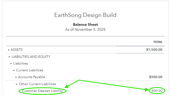 Balance Sheet Reflecting Customer Deposit Liability Recorded with Sales Receipt