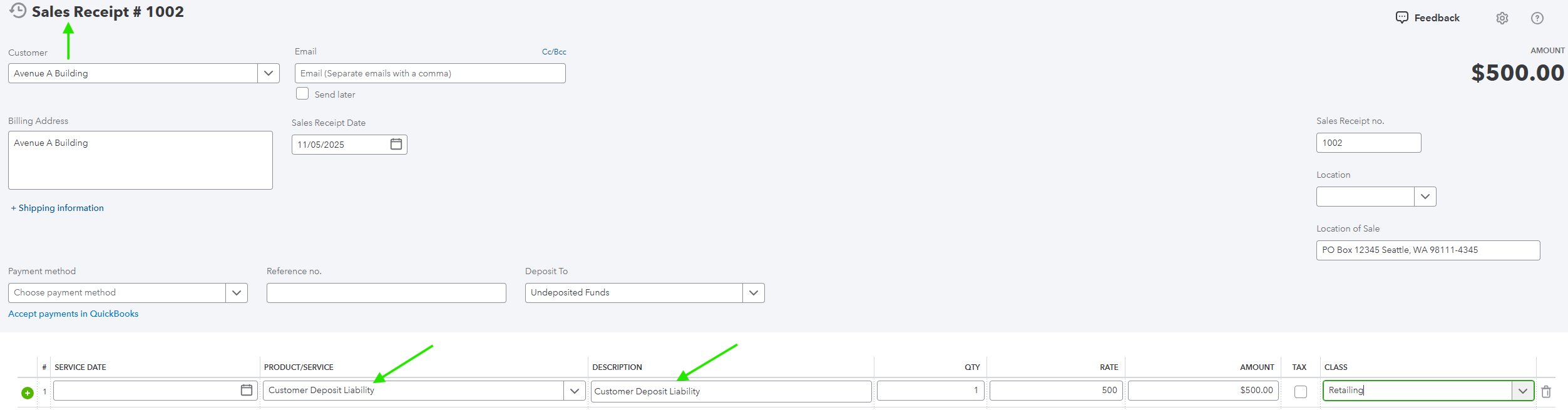 Creating Sales Receipt for Customer Deposit Liability