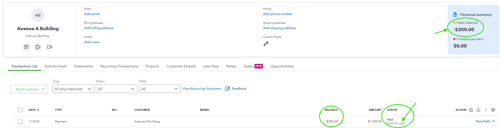 Customer Transaction List with Open Credit Balance