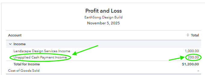 Profit and Loss Report with Unapplied Cash Payment Income