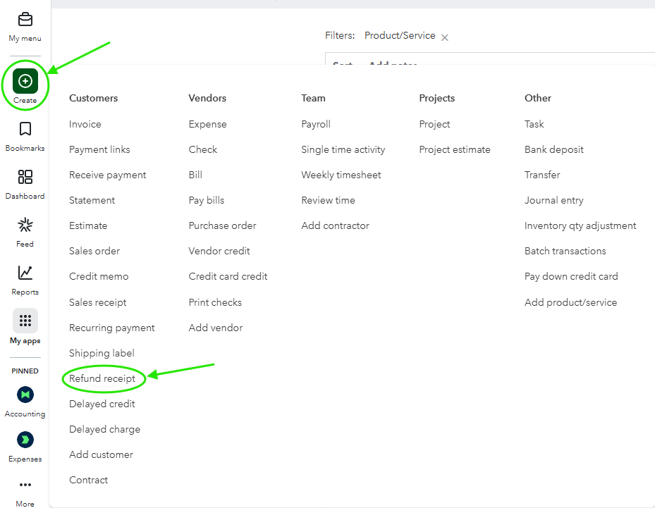 QuickBooks Online Menu to Find Customer Refund receipt