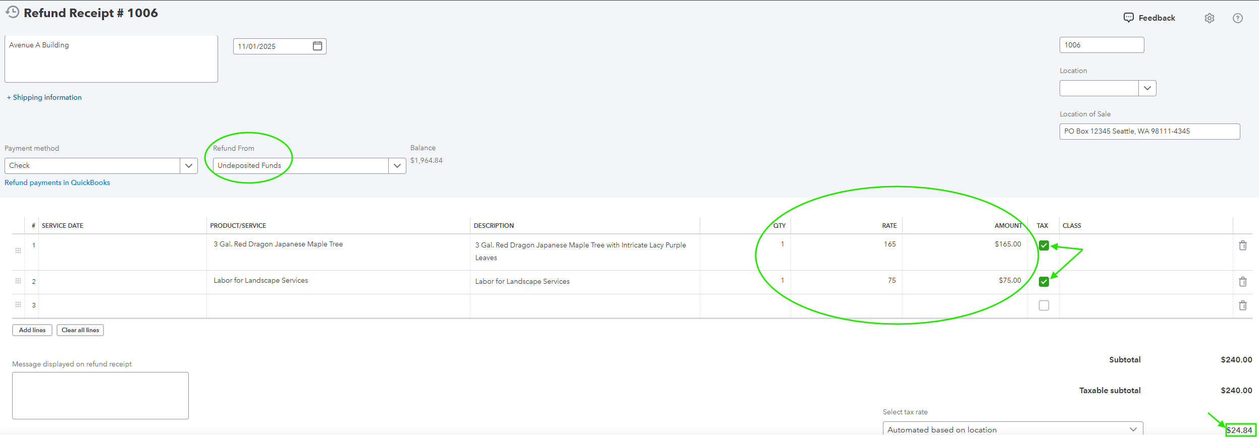 Refund Receipt for Inventory and Service Items with Sales Tax
