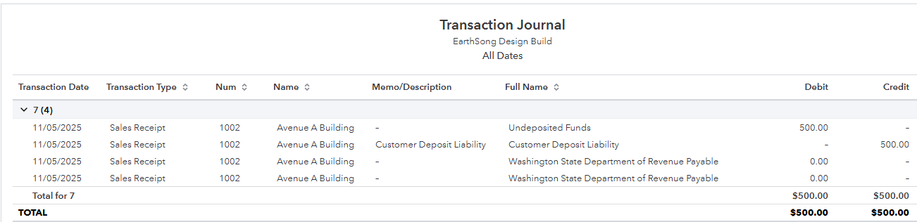 Transaction Journal Tied to Sales Receipt for Customer Deposit Liability