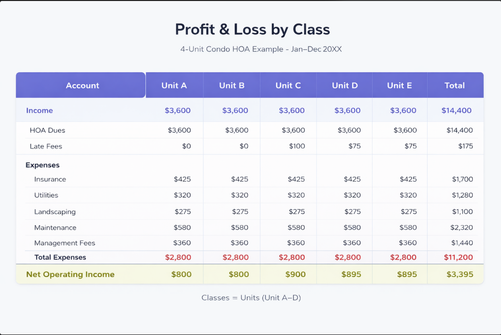 Profit and Loss by Class Report for Home Owners Associations